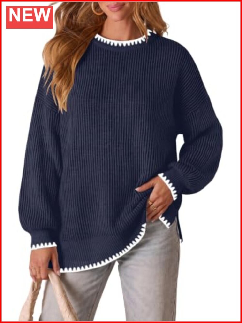 Oversized Striped Batwing Sleeve Knit Sweater Crew Neck Pullover